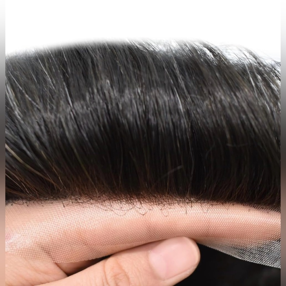 HUMAN HAIR Men’s Hairpiece Breathable Off Black 10% gray hair 100% density - Picture 3 of 12